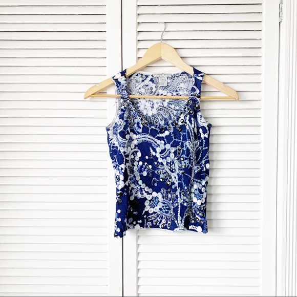 Alberto Makali Beaded Blue Floral Tank Top NWT - Picture 2 of 6